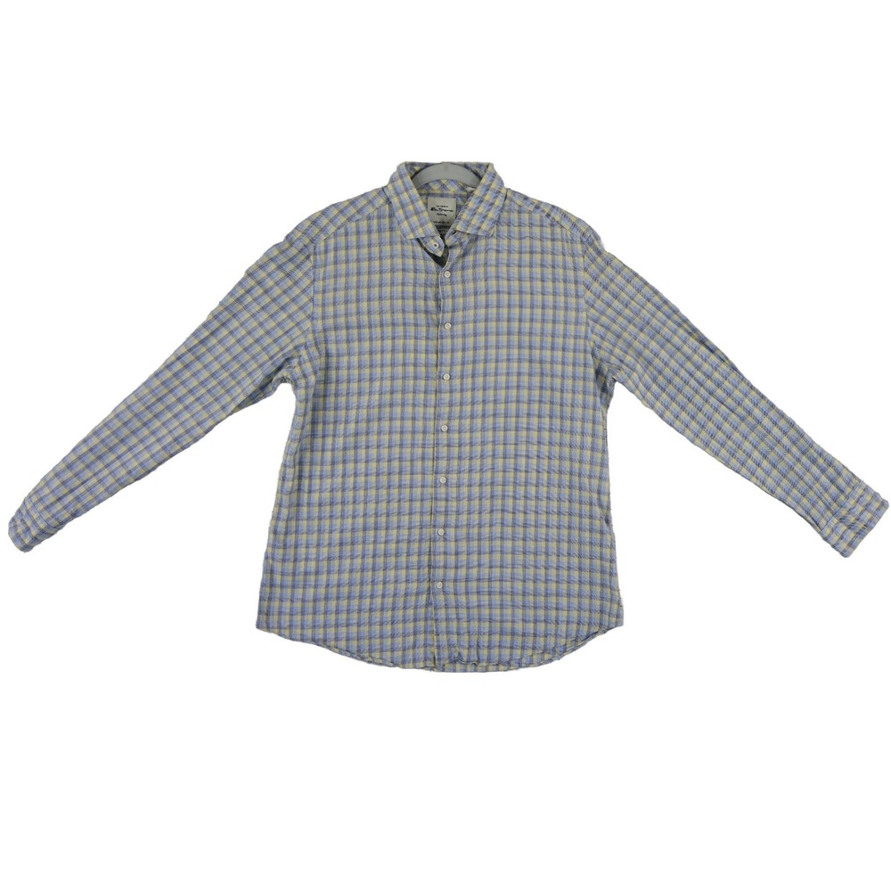Ben Sherman Plaid Button Shirt Men's Size 16.5 Blue Yellow‎ Slim Fit 100% Cotton